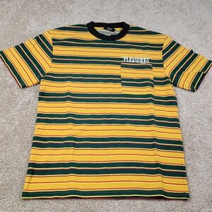 PLEASURES 666 Mens Striped T Shirt Size Medium Chest Pocket Yellow Green